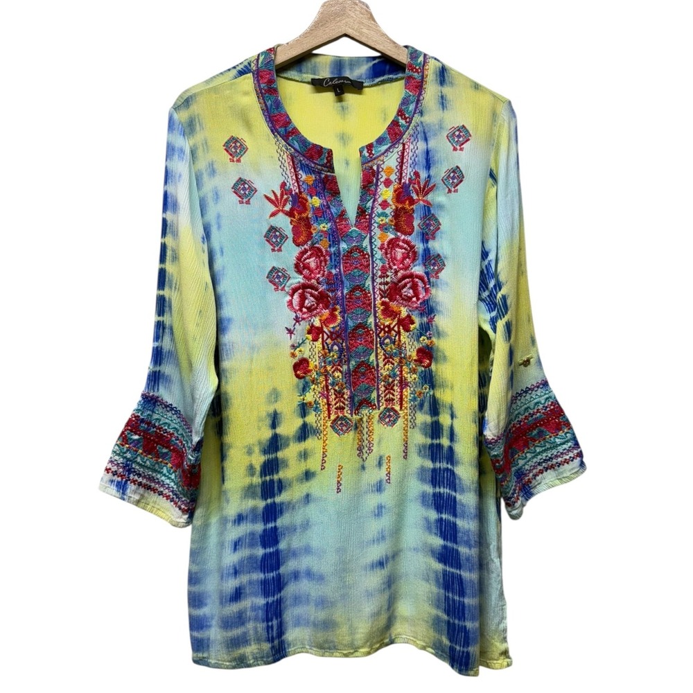 Calessa Floral Embroidered Tie‎ Dye Tunic Top Women Sz L Boho 3/4 Sleeve Artsy